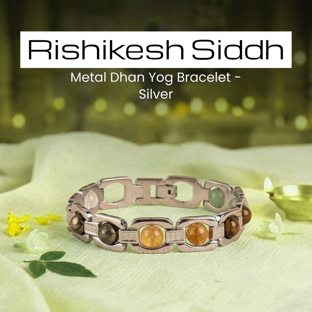 VASTUKOSHA Rinmukteshwar Siddh silver metal bracelet featuring Tiger Eye, Pyrite, Citrine, Quartz, and Green Aventurine.