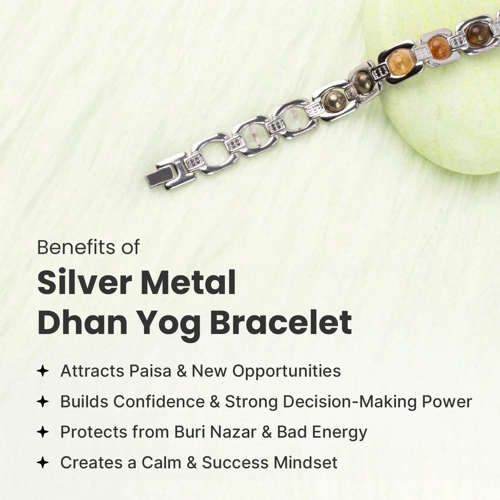 VASTUKOSHA Rinmukteshwar Siddh silver metal bracelet featuring Tiger Eye, Pyrite, Citrine, Quartz, and Hematite crystals.