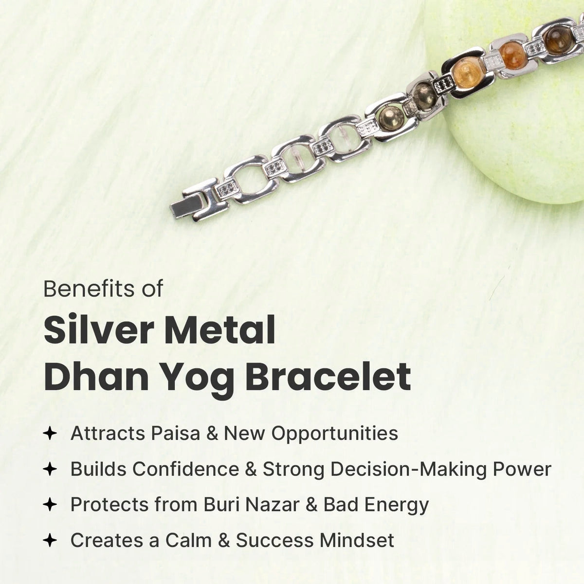 VASTUKOSHA Rinmukteshwar Siddh silver metal bracelet featuring Tiger Eye, Pyrite, Citrine, Quartz, and Hematite crystals.
