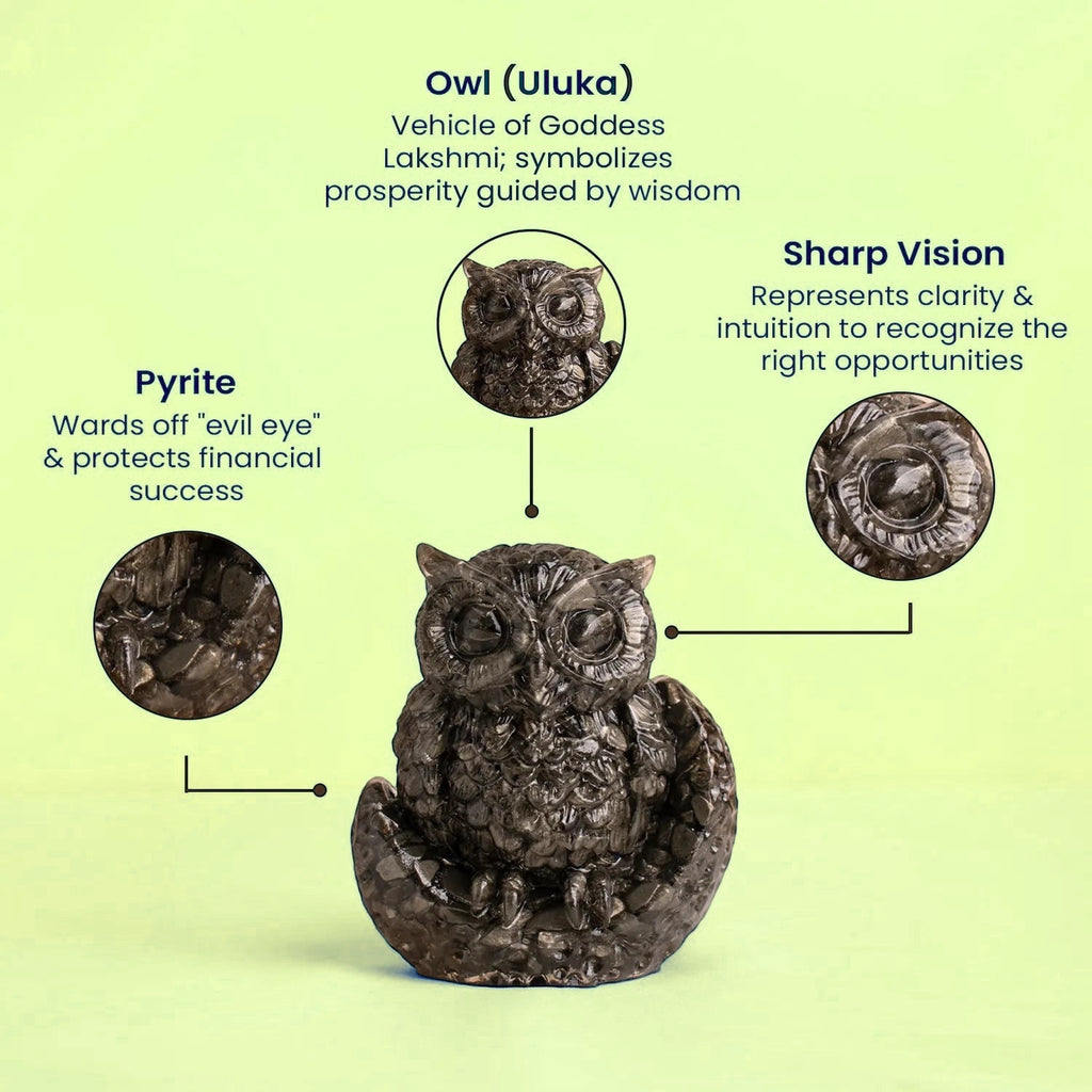 VASTUKOSHA Rishikesh Siddh Pyrite Owl statue for wealth and prosperity, featuring detailed carved stone texture.