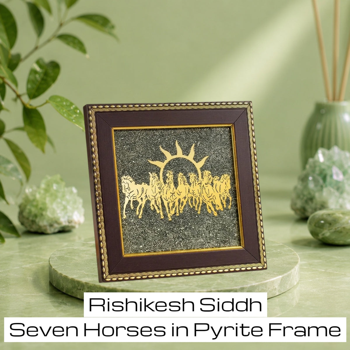VASTUKOSHA Rishikesh Siddh 7 horses wall art in a dark frame with raw pyrite texture for career growth and success.