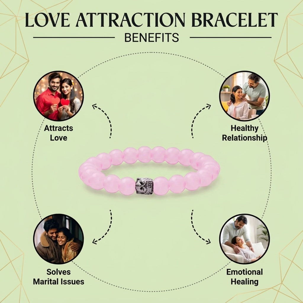 VASTUKOSHA Love Attraction Rose Quartz bracelet with a central Buddha bead, surrounded by relationship benefit icons.