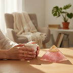 VASTUKOSHA rose quartz orgonite love pyramid with copper geometry on a wooden table next to a person holding a mug