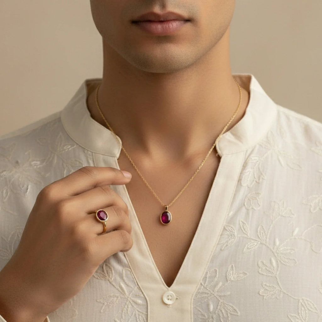 VASTUKOSHA ruby gemstone pendant and matching ring set worn by a man in a white embroidered kurta