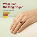 VASTUKOSHA ruby gemstone ring worn on a finger, featuring a deep red oval stone set in a gold band for spiritual use.