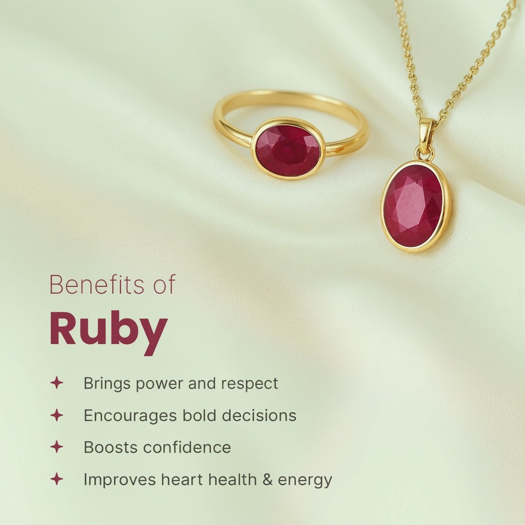 VASTUKOSHA ruby gemstone ring and pendant set in gold, displayed on soft cream fabric with spiritual benefit text.