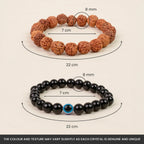 VASTUKOSHA Maha Dhan Yog spiritual bracelet set featuring a 5 Mukhi Rudraksha bead bracelet and black obsidian evil eye