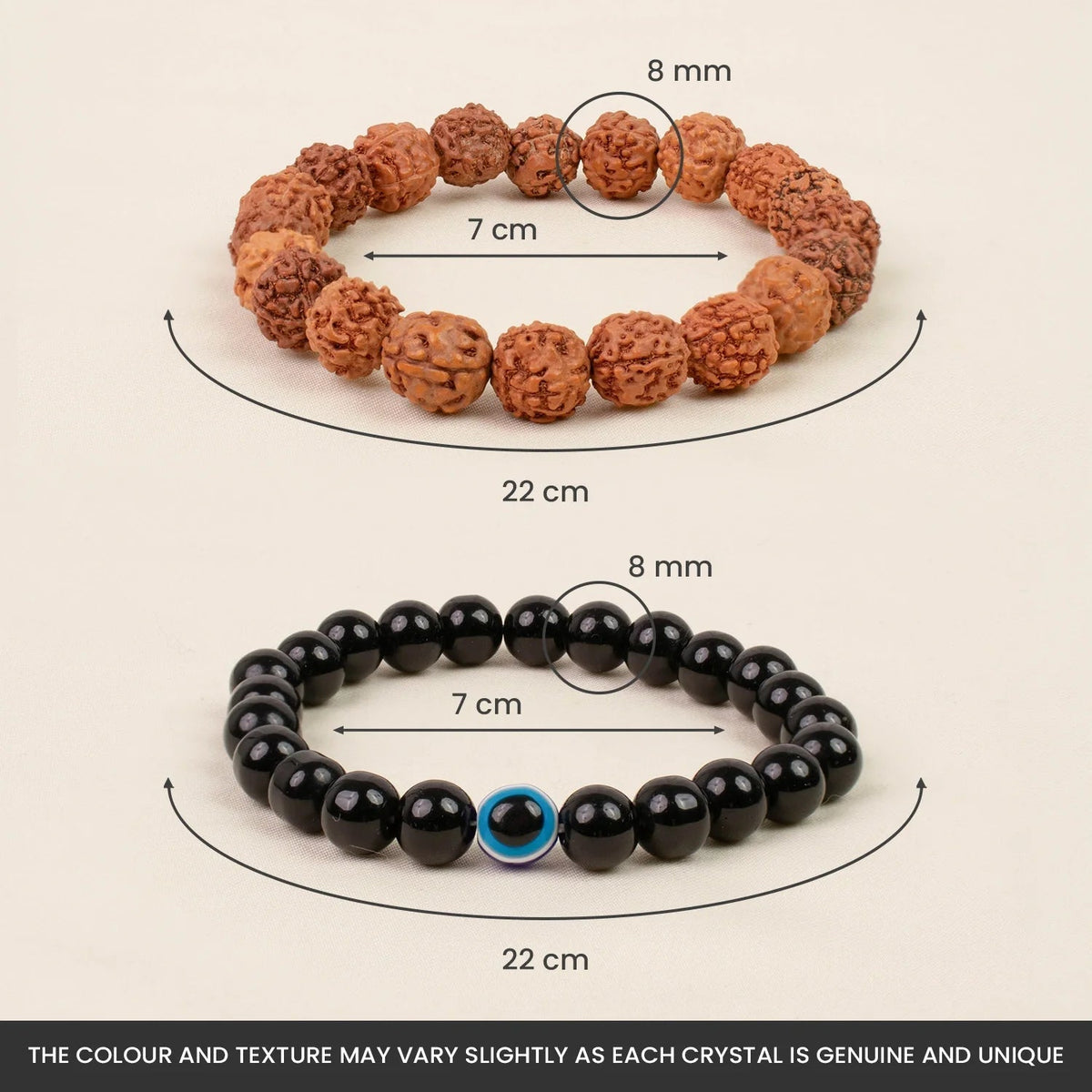 VASTUKOSHA Maha Dhan Yog spiritual bracelet set featuring a 5 Mukhi Rudraksha bead bracelet and black obsidian evil eye