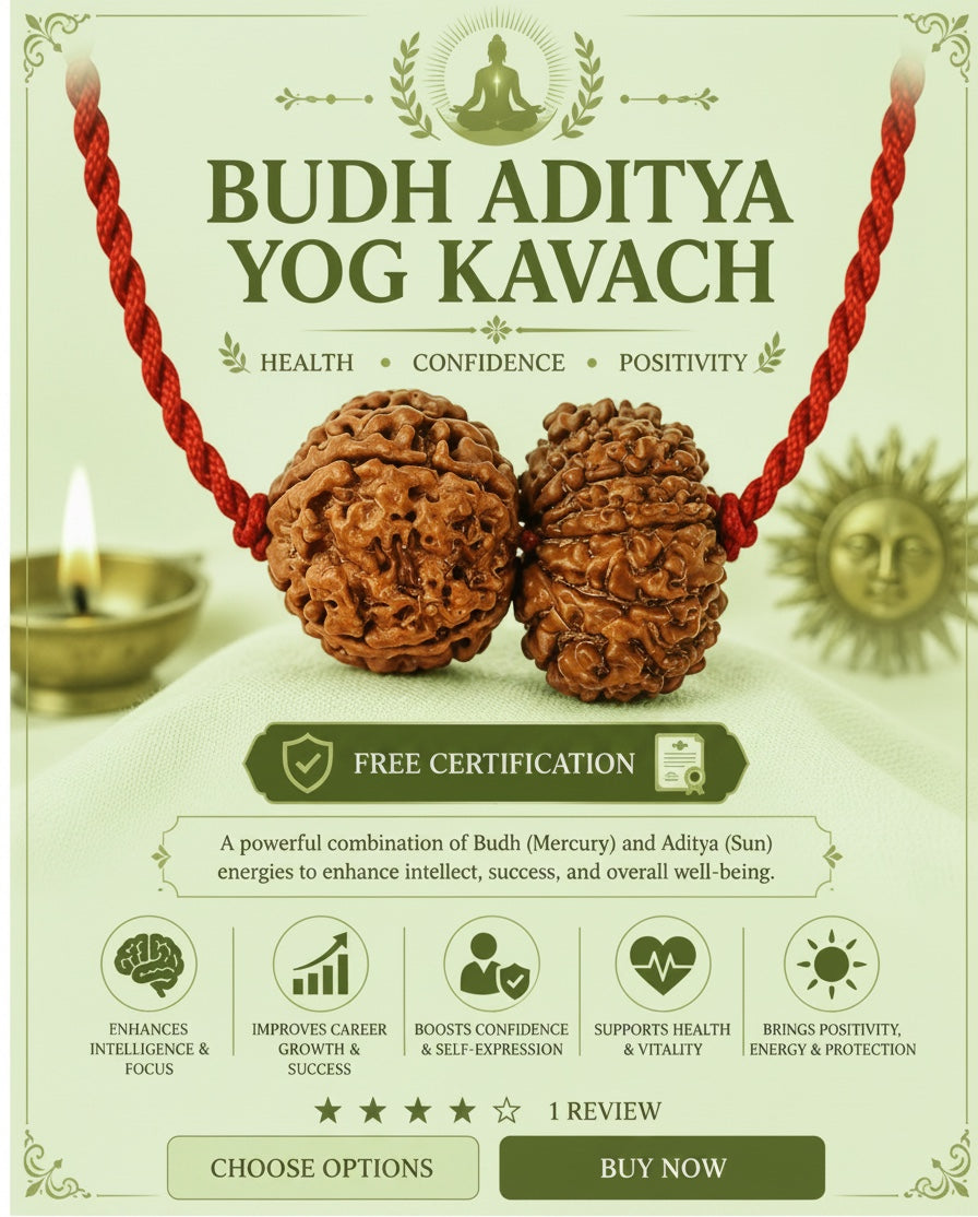VASTUKOSHA Rudraksha Budh Aditya Yog Kavach with brown textured beads on a red string for spiritual meditation practice.
