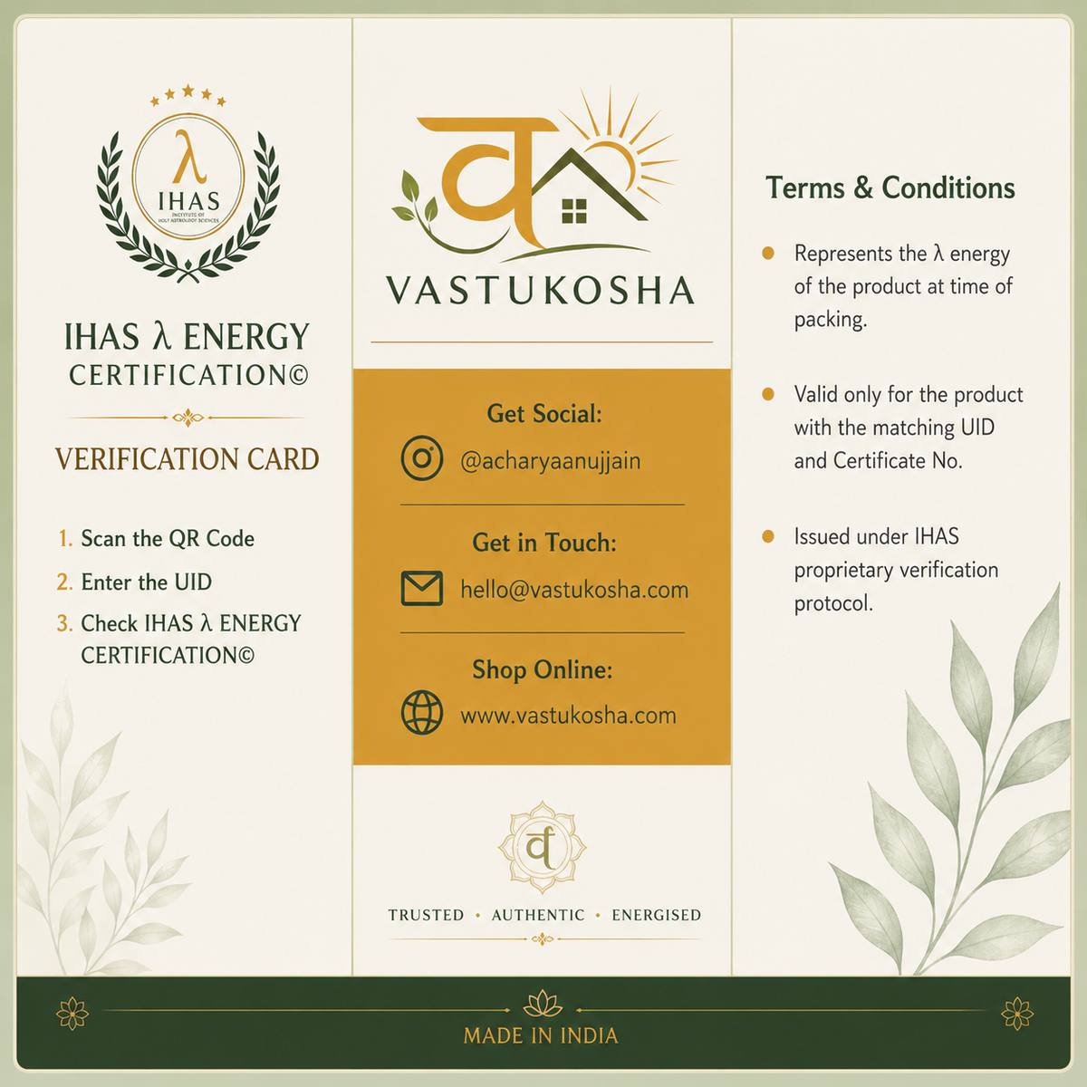 VASTUKOSHA IHAS energy certification verification card for authentic Siddh 5 Mukhi Rudraksha bracelet