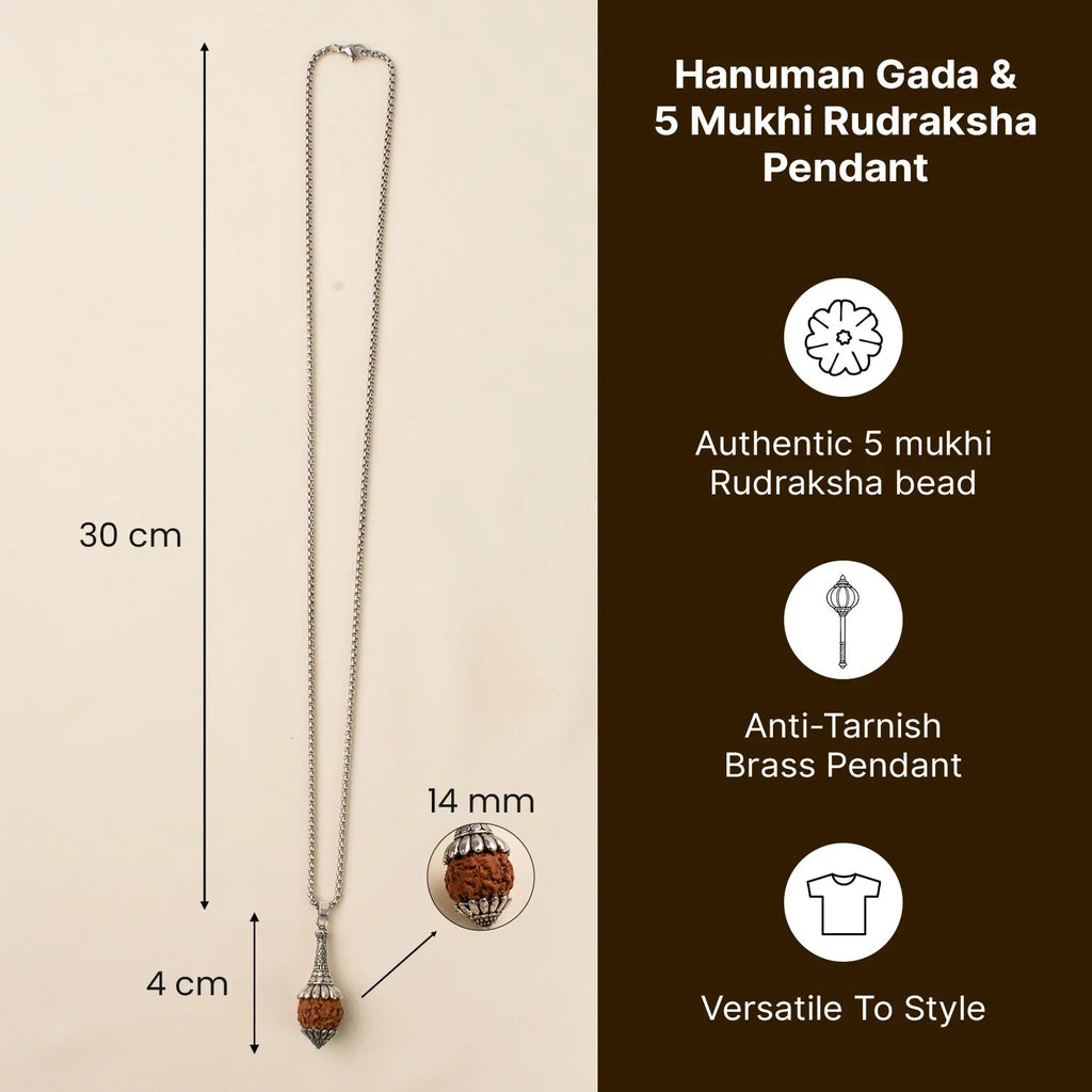 VASTUKOSHA Hanuman Gada pendant featuring a 5 Mukhi Rudraksha bead on a silver-toned chain with size specifications.