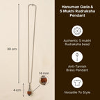 VASTUKOSHA Hanuman Gada pendant featuring a 5 Mukhi Rudraksha bead on a silver-toned chain with size specifications.