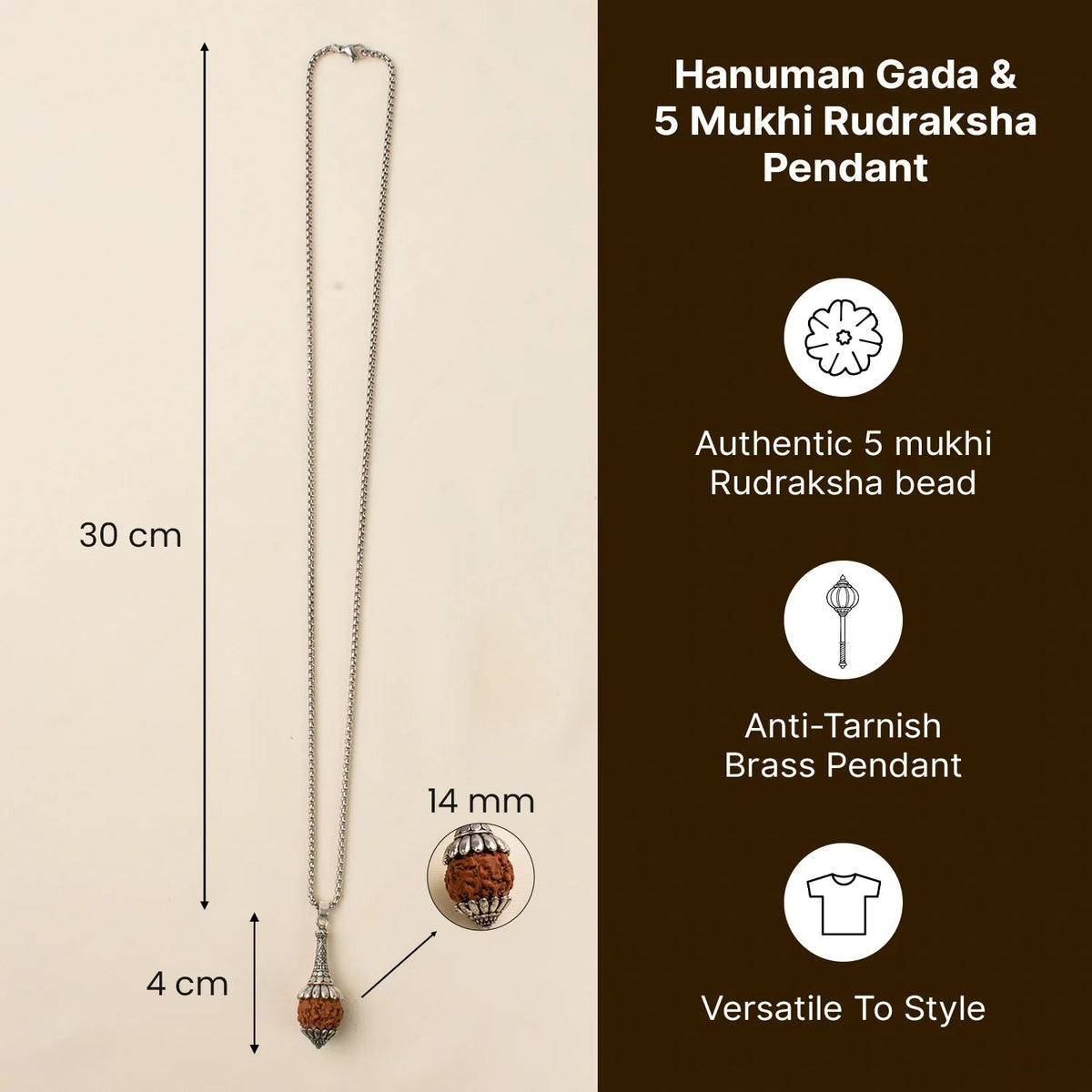 VASTUKOSHA Hanuman Gada pendant featuring a 5 Mukhi Rudraksha bead on a silver-toned chain with size specifications.
