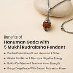 VASTUKOSHA Rudraksha Hanuman Gada pendant featuring a 5 Mukhi bead with silver-tone metal detailing on a chain