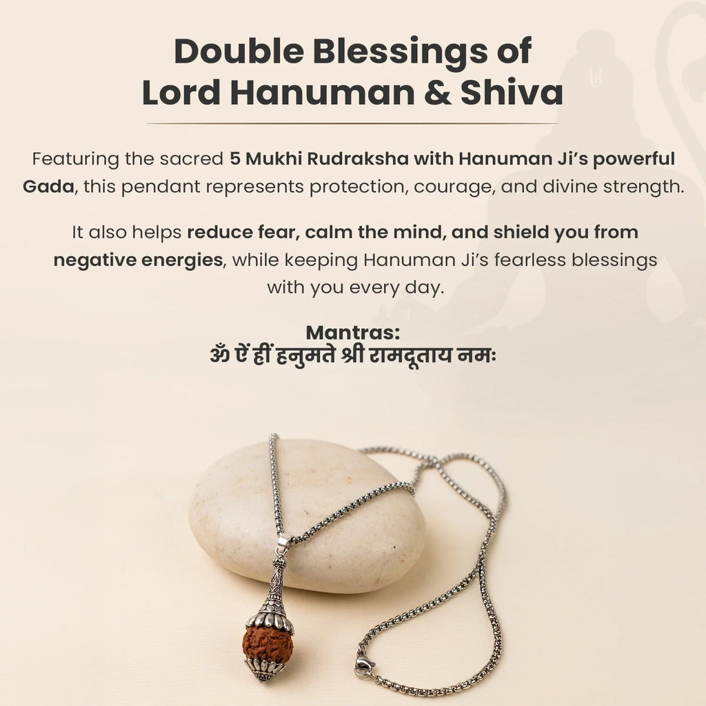 VASTUKOSHA Rudraksha Hanuman Gada pendant with 5 Mukhi bead and silver chain on a smooth stone surface