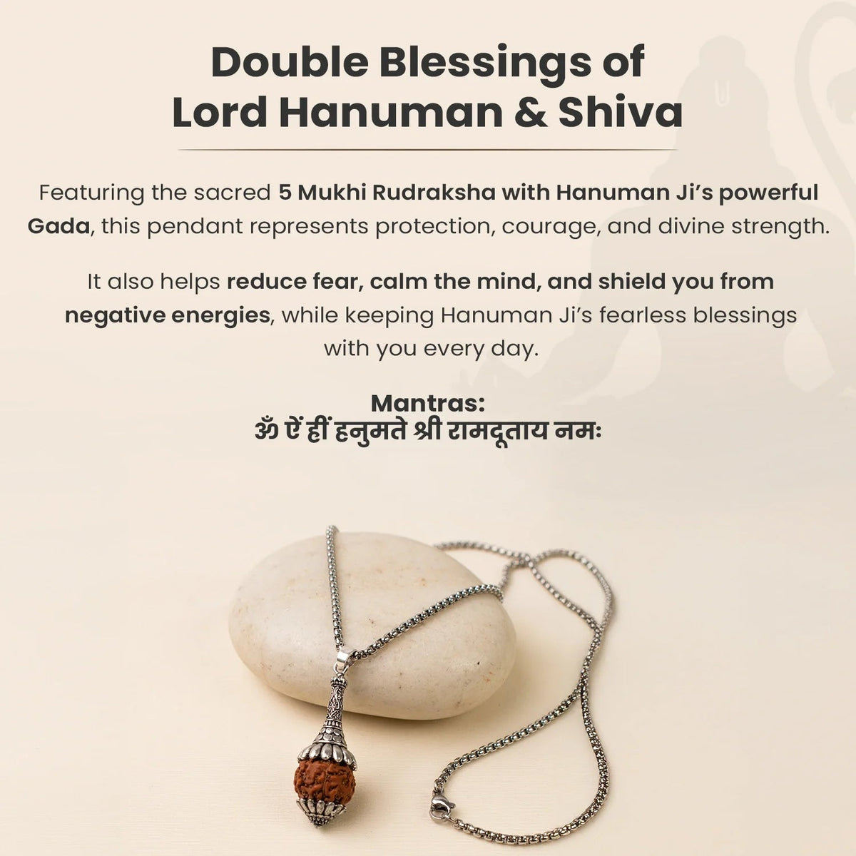 VASTUKOSHA Rudraksha Hanuman Gada pendant with 5 Mukhi bead and silver chain on a smooth stone surface