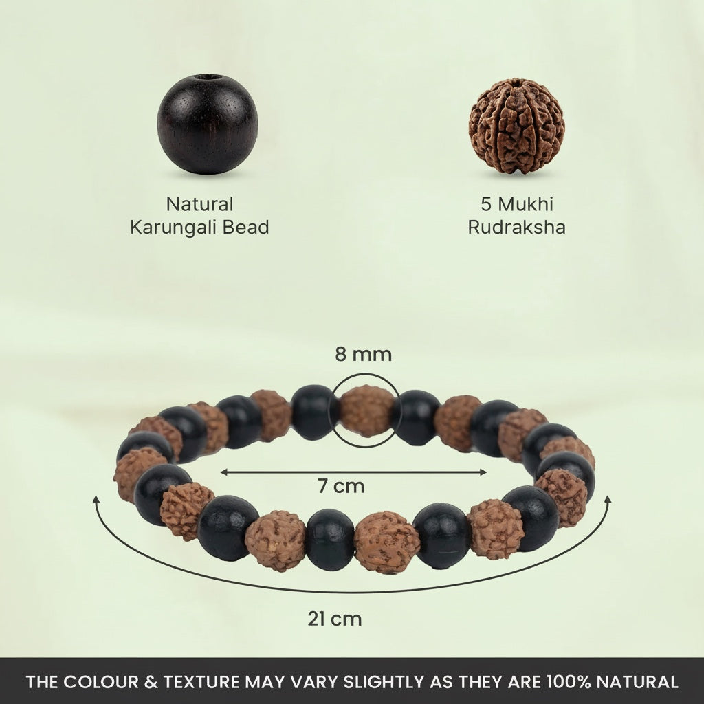 VASTUKOSHA 8mm bracelet featuring alternating natural Karungali black ebony wood and 5 Mukhi Rudraksha beads.