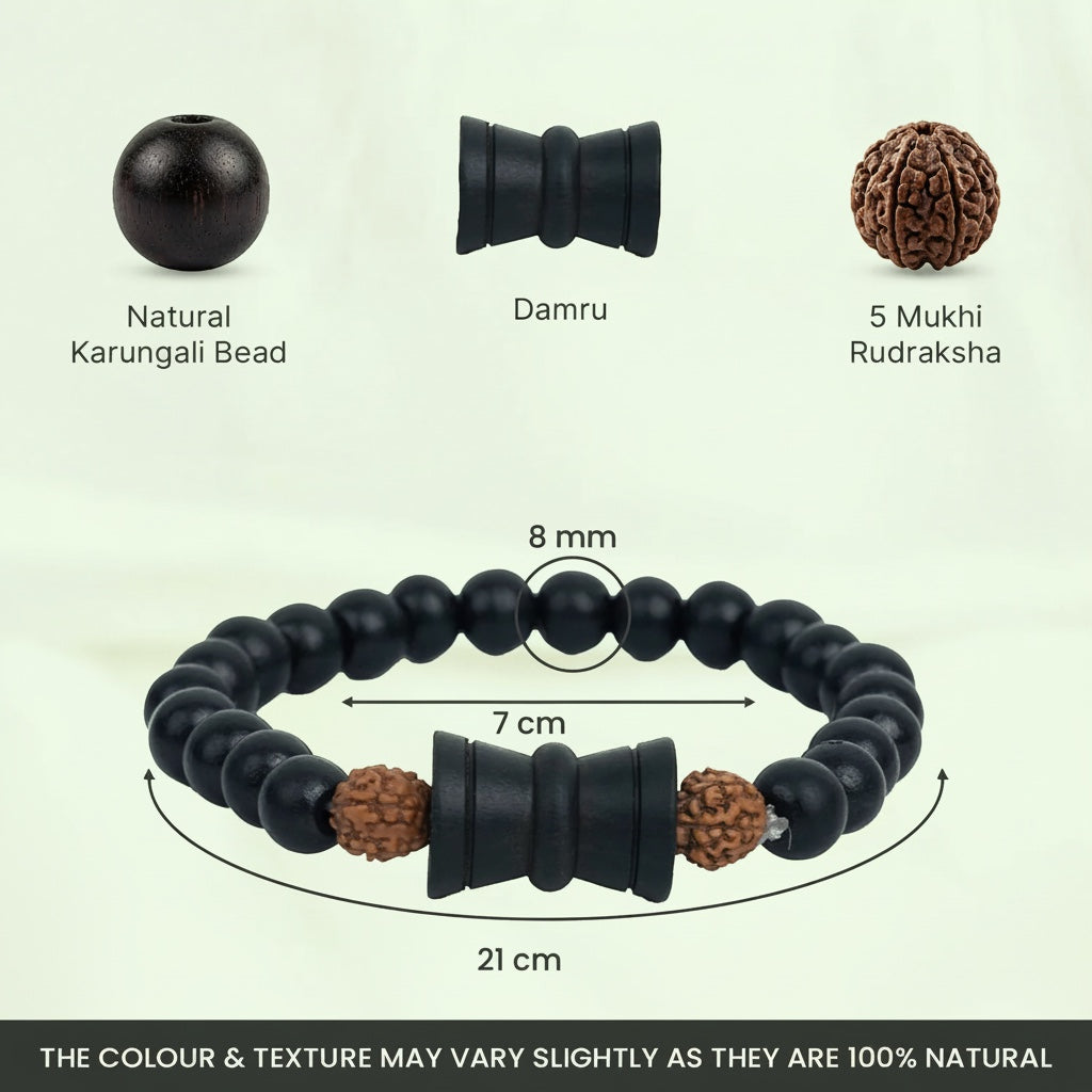 VASTUKOSHA Rudraksha Karungali bracelet featuring black ebony wood beads, two 5 Mukhi Rudraksha, and a central Damru charm.