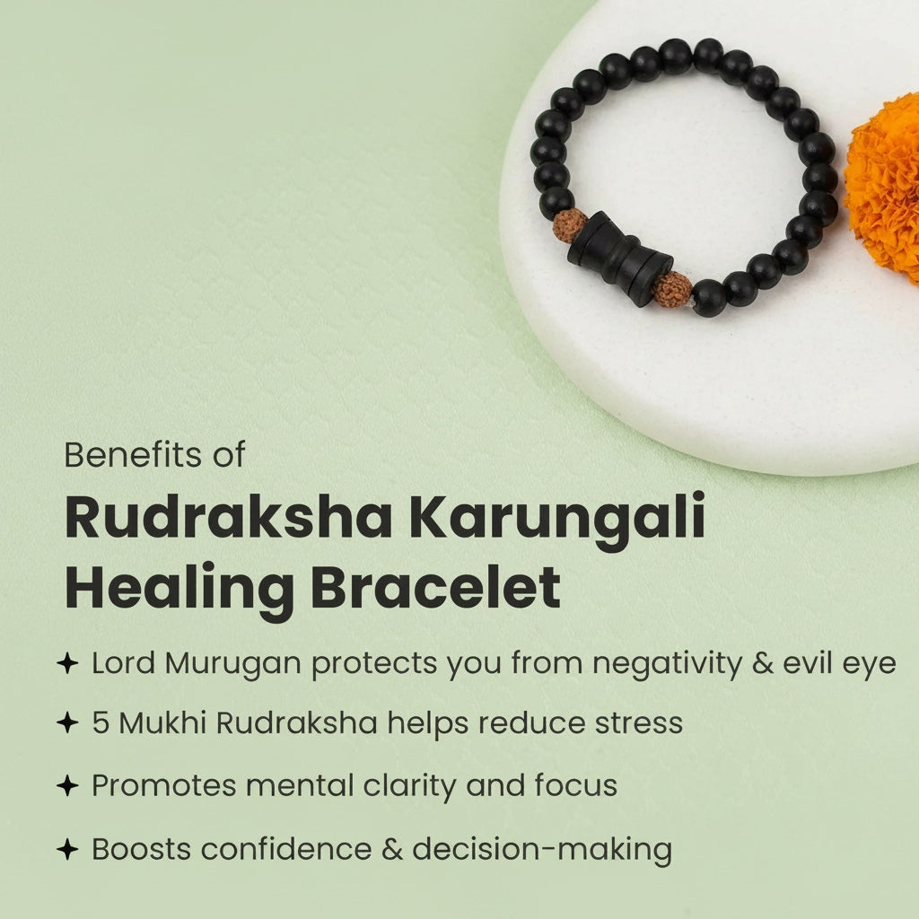 VASTUKOSHA Rudraksha Karungali healing bracelet with black ebony beads, 5 Mukhi Rudraksha, and a central Damru charm