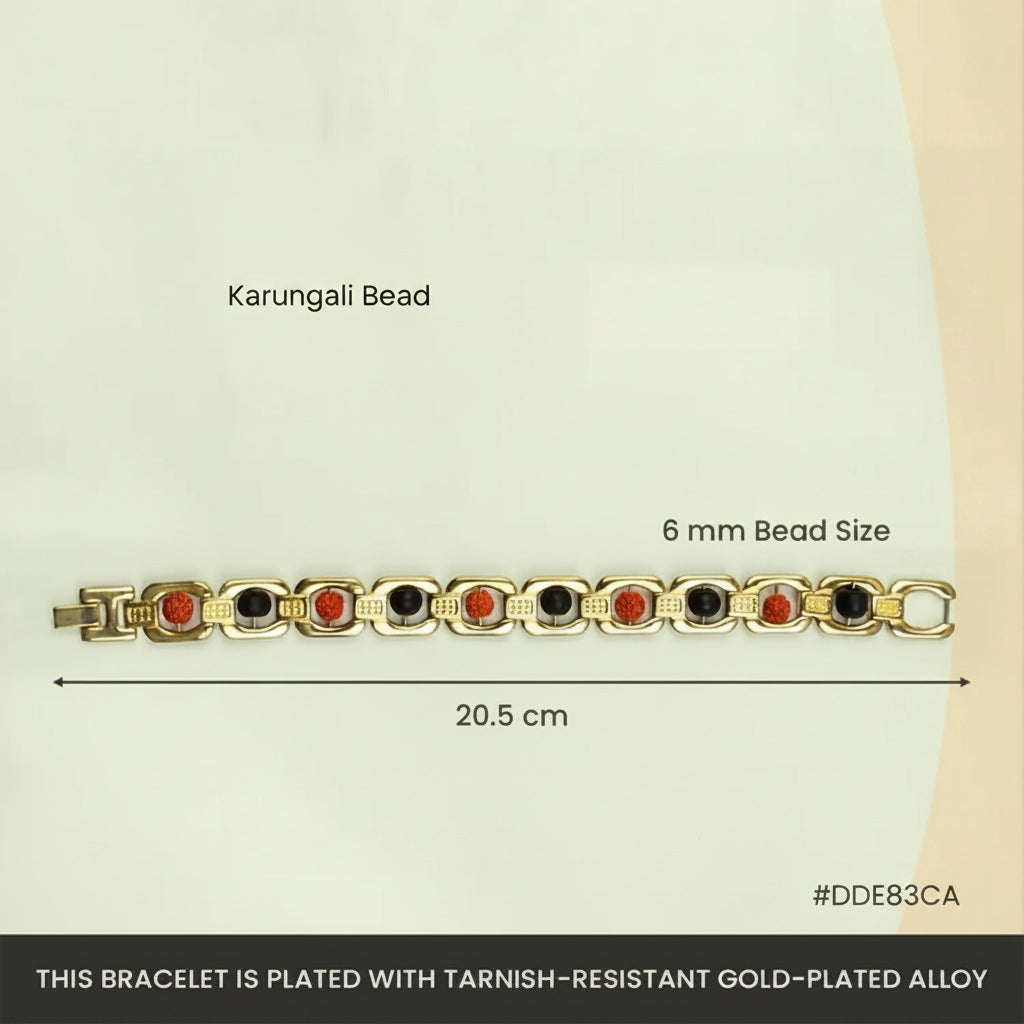 VASTUKOSHA gold-plated metal bracelet featuring alternating 5 Mukhi Rudraksha and black Karungali ebony wood beads.