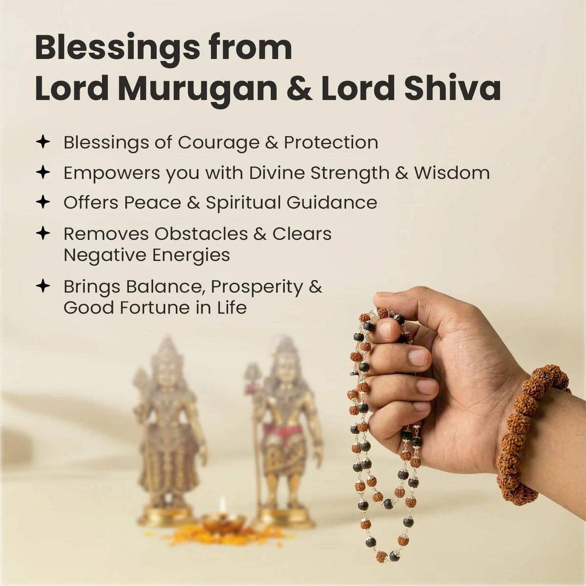 VASTUKOSHA Rudraksha and Karungali mala with 7 Mukhi bracelet held in hand, featuring natural beads and metal caps.
