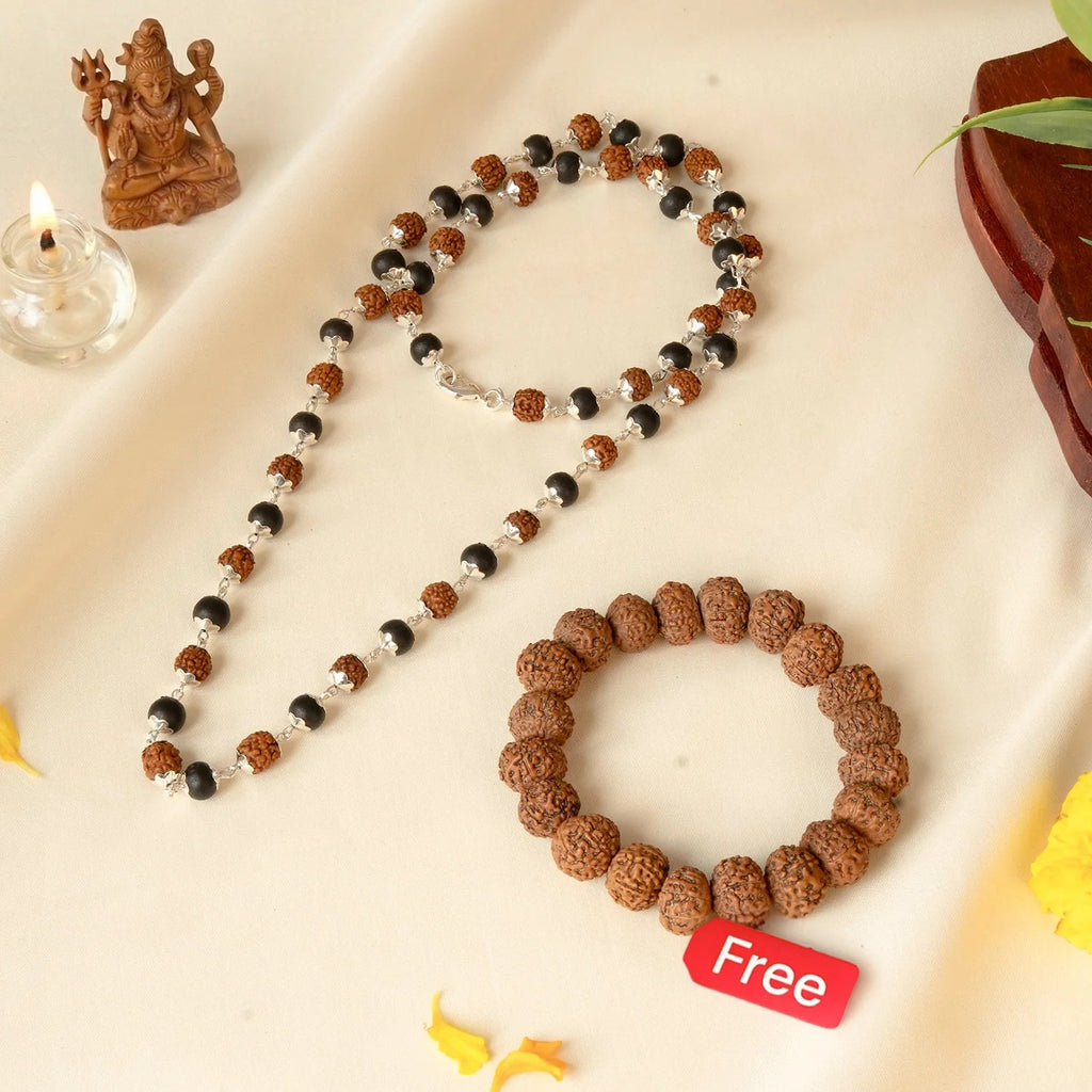 VASTUKOSHA Rudraksha and Karungali mala necklace with silver-plated caps and a free 7 Mukhi Rudraksha bead bracelet.