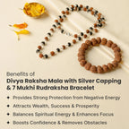 VASTUKOSHA Divya Raksha Mala with Rudraksha and Karungali beads, silver-plated caps, and 7 Mukhi Rudraksha bracelet.