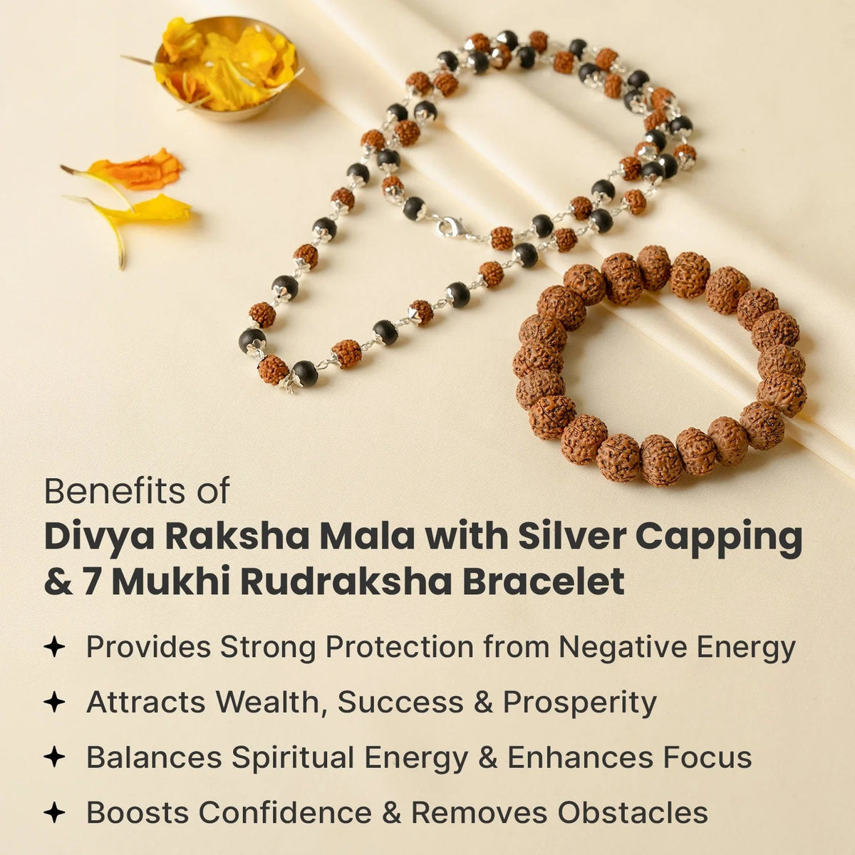 VASTUKOSHA Divya Raksha Mala with Rudraksha and Karungali beads, silver-plated caps, and 7 Mukhi Rudraksha bracelet.