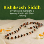 VASTUKOSHA Rudraksha and Karungali mala necklace with silver capping, featuring alternating brown and black beads.