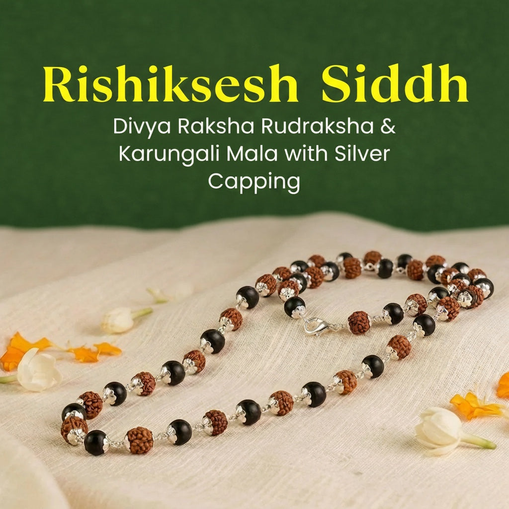 VASTUKOSHA Rudraksha and Karungali mala necklace with silver capping, featuring alternating brown and black beads.