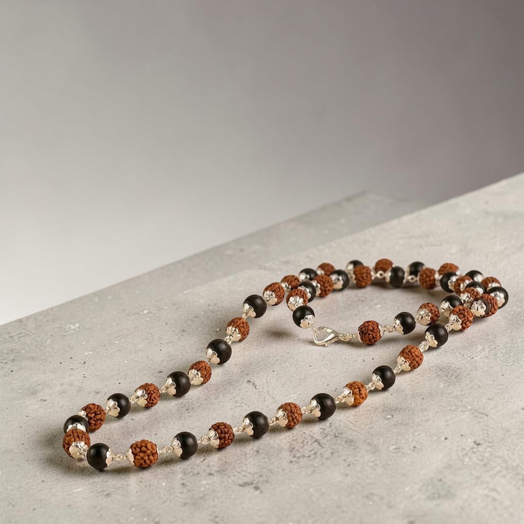 VASTUKOSHA Rishikesh Siddh Rudraksha and Karungali mala with silver capping on a white cloth with flower petals