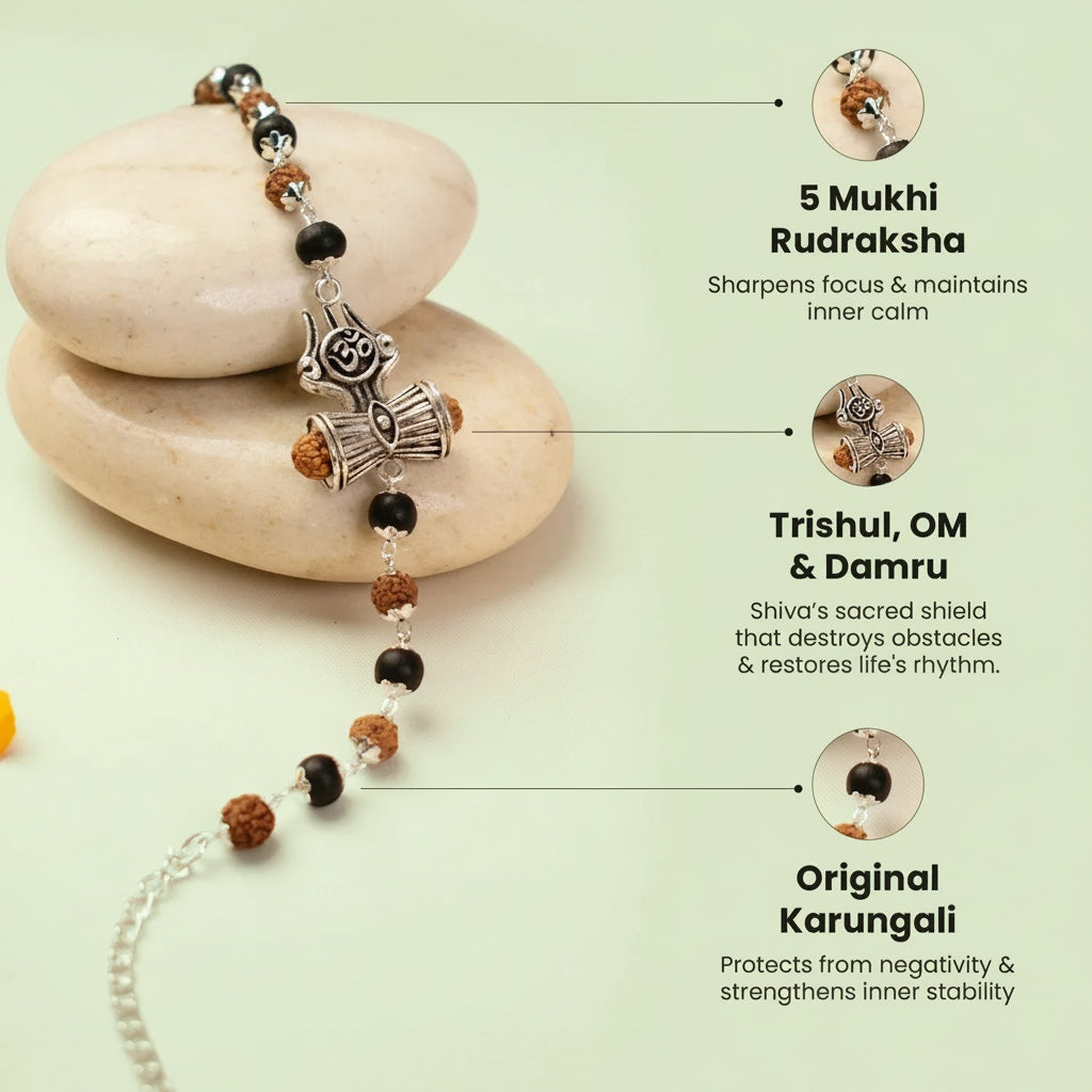 VASTUKOSHA Rishikesh Siddh bracelet featuring 5 Mukhi Rudraksha, black Karungali beads, and Om, Trishul, and Damru charms.