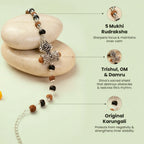 VASTUKOSHA Rishikesh Siddh bracelet featuring 5 Mukhi Rudraksha, black Karungali beads, and Om, Trishul, and Damru charms.