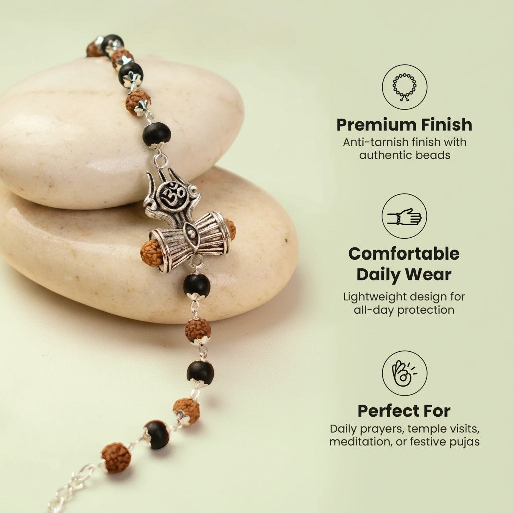 VASTUKOSHA Rudraksha and Karungali bead bracelet featuring silver Om, Trishul, and Damru charms for spiritual wear.