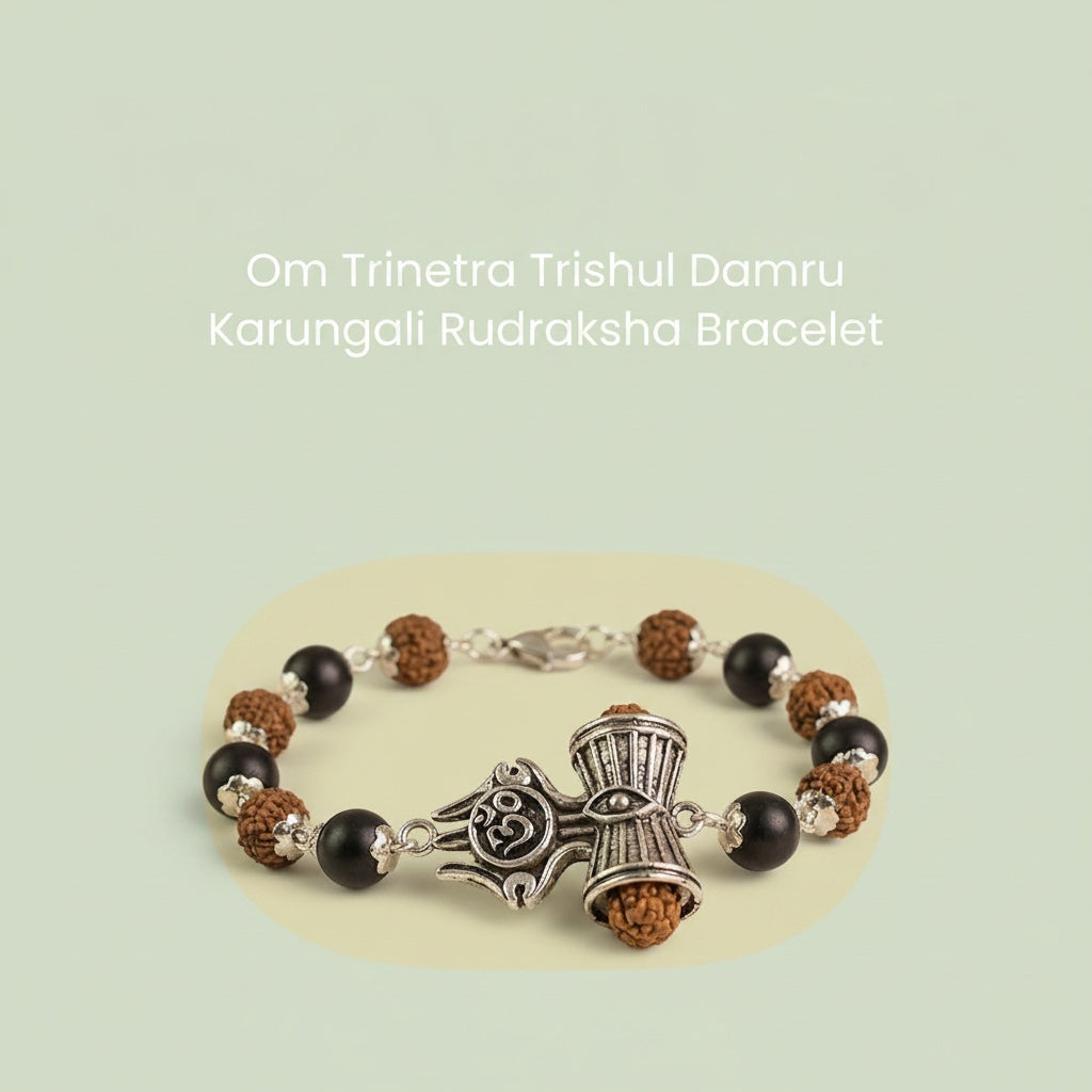 VASTUKOSHA Rishikesh Siddh bracelet featuring Rudraksha beads, black Karungali, and silver Om, Trishul, and Damru charms.