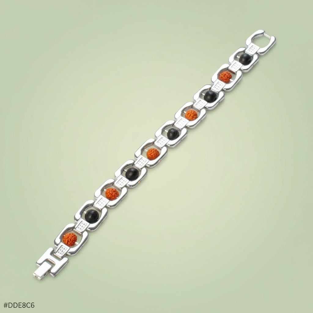 VASTUKOSHA silver-plated bracelet featuring alternating 5 Mukhi Rudraksha beads and black Karungali ebony wood beads.