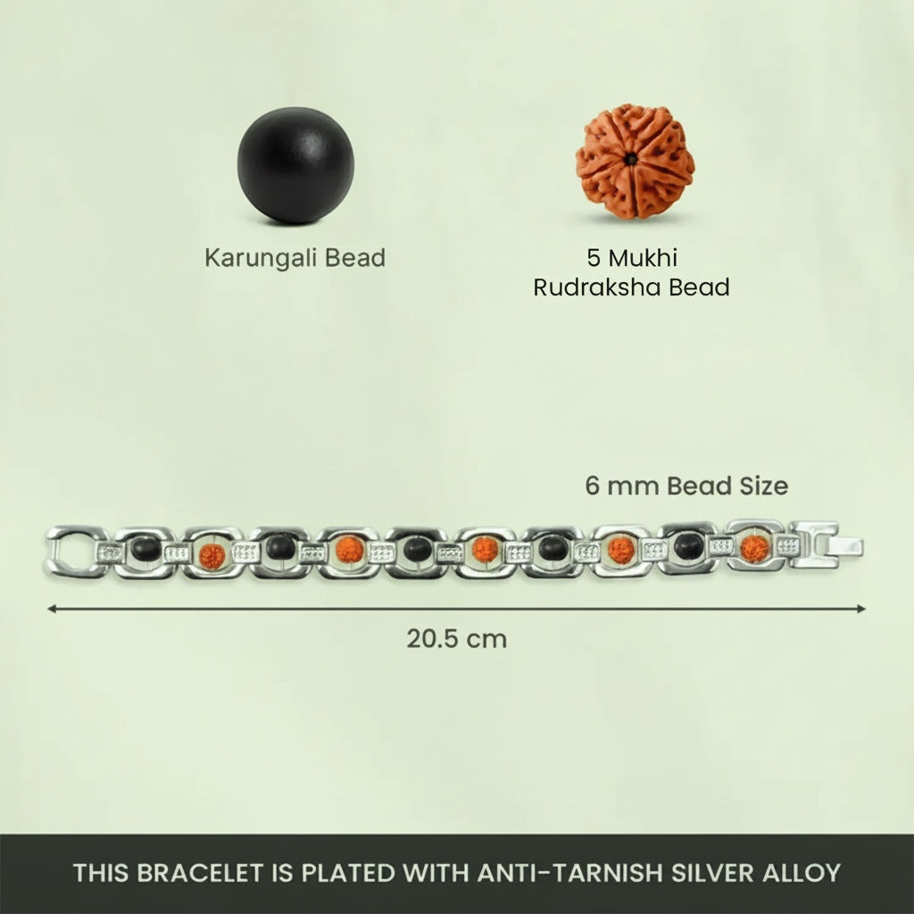 VASTUKOSHA silver-plated alloy bracelet featuring 5 Mukhi Rudraksha and black Karungali ebony wood beads.