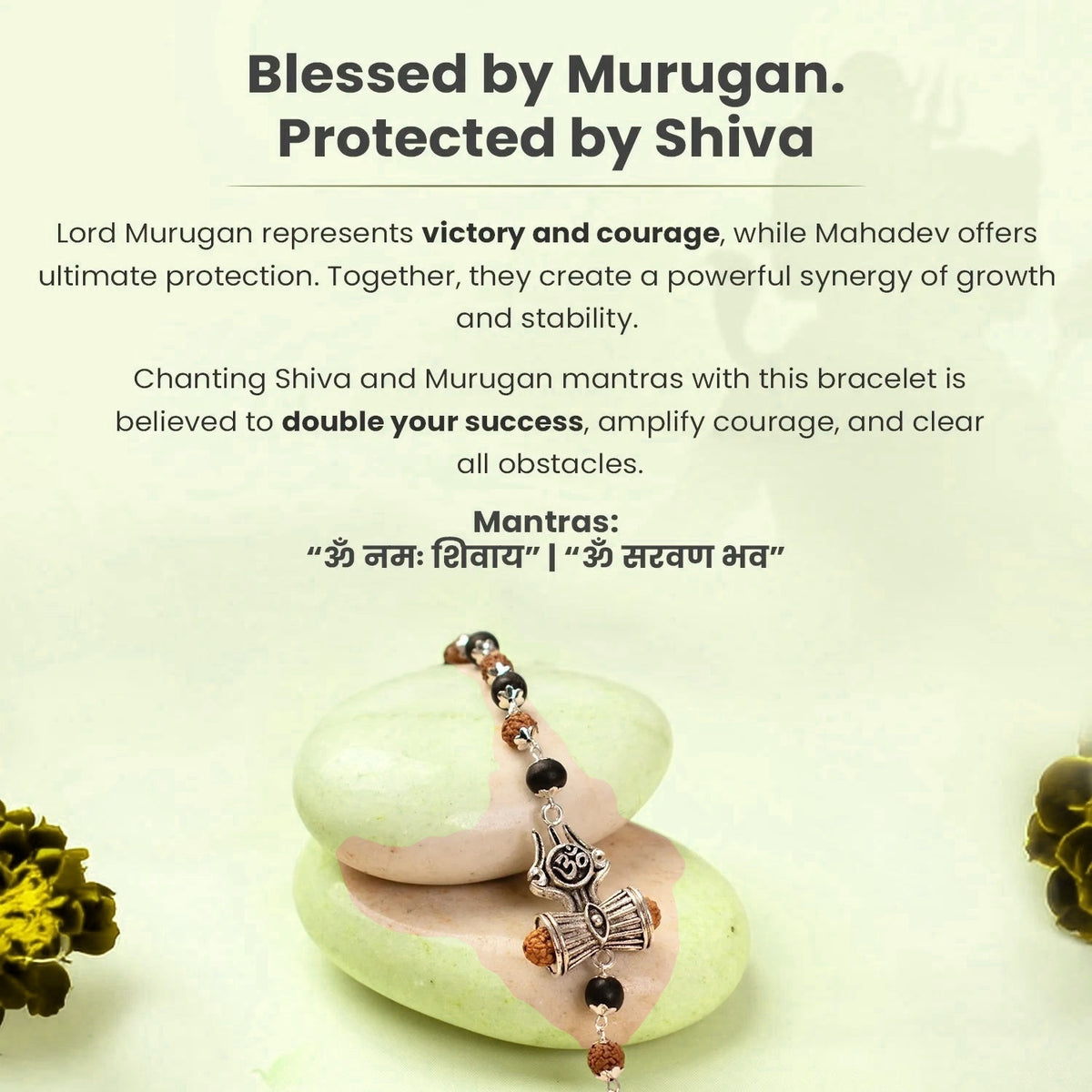 VASTUKOSHA Rudraksha and Karungali bead bracelet featuring a silver Om, Trishul, and Damru charm on smooth stones.