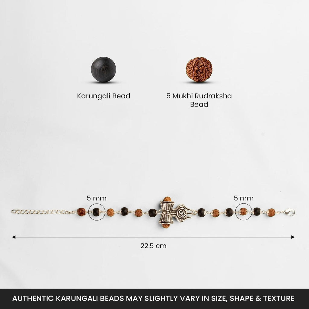 VASTUKOSHA Rishikesh Siddh bracelet featuring 5 Mukhi Rudraksha and Karungali beads with Om, Trishul, and Damru charms.