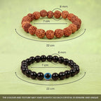 VASTUKOSHA Siddh Maha Dhan Yog combo featuring a 5 Mukhi Rudraksha bracelet and a black obsidian evil eye bracelet.