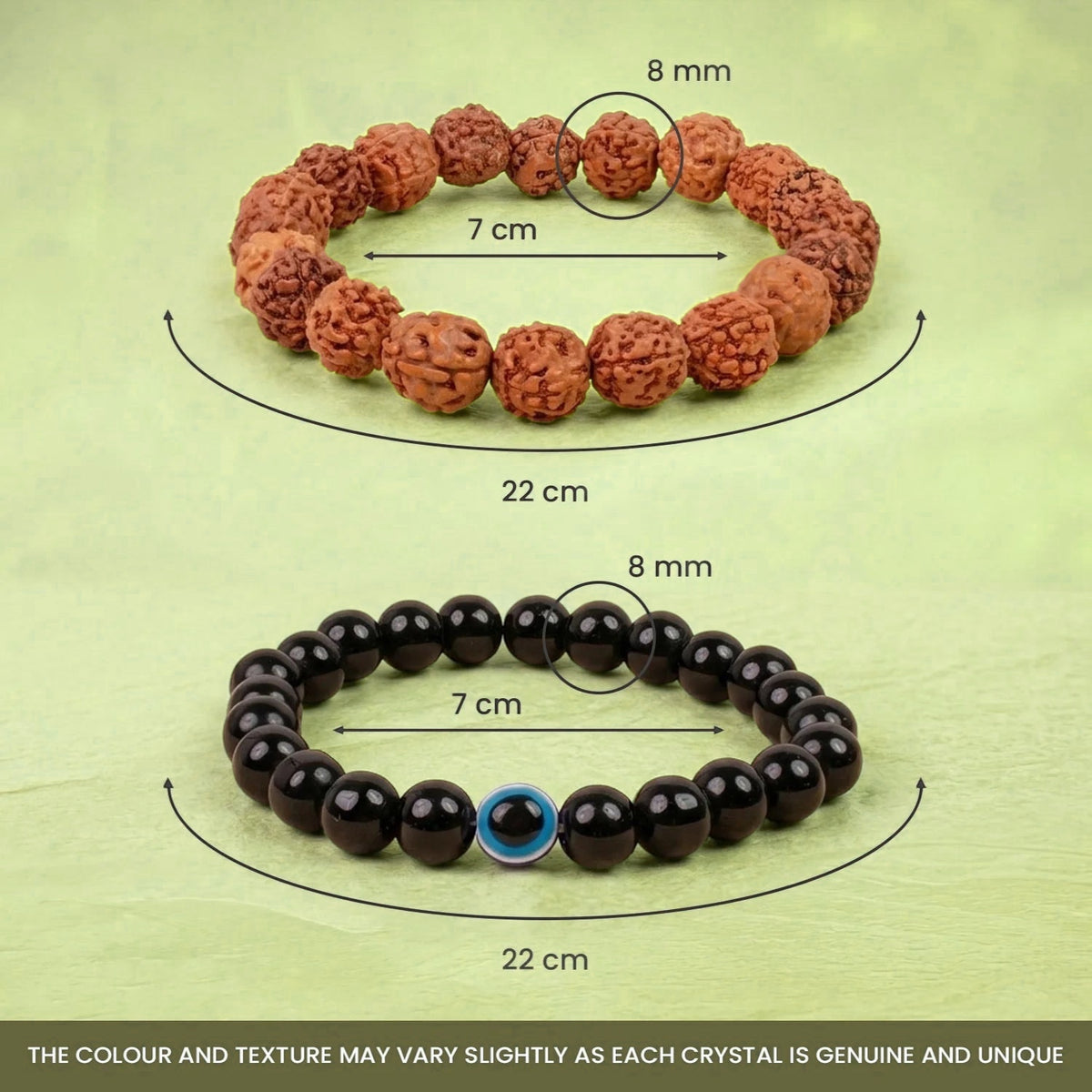 VASTUKOSHA Siddh Maha Dhan Yog combo featuring a 5 Mukhi Rudraksha bracelet and a black obsidian evil eye bracelet.