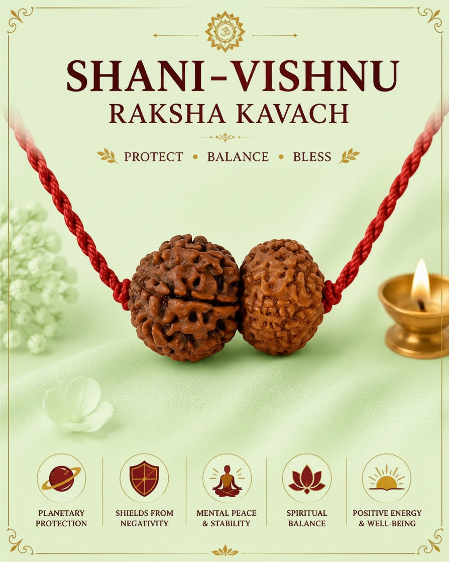 VASTUKOSHA Rudraksha Shani-Vishnu Raksha Kavach with two brown beads on a red cord for spiritual protection and balance.