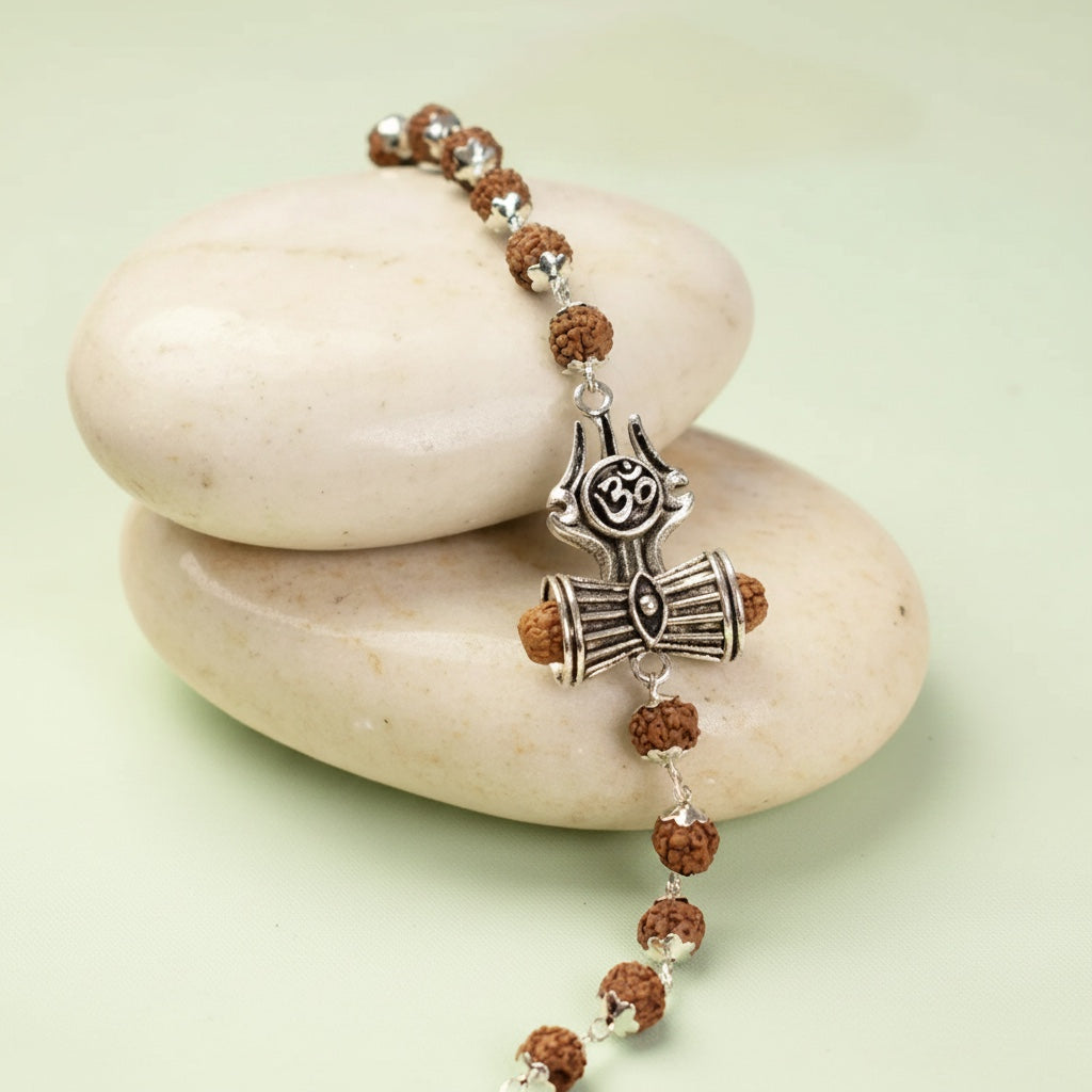 VASTUKOSHA Om Trinetra Trishul Damru Rudraksha bracelet with silver-tone Shiva symbols on smooth white stones.