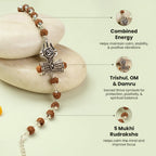 VASTUKOSHA Om Trinetra Trishul Damru Rudraksha bracelet featuring 5 Mukhi Rudraksha beads and sacred Shiva symbols.