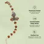 VASTUKOSHA Om Trinetra Trishul Damru Rudraksha bracelet with 5 Mukhi beads and silver-toned Shiva symbols for meditation.