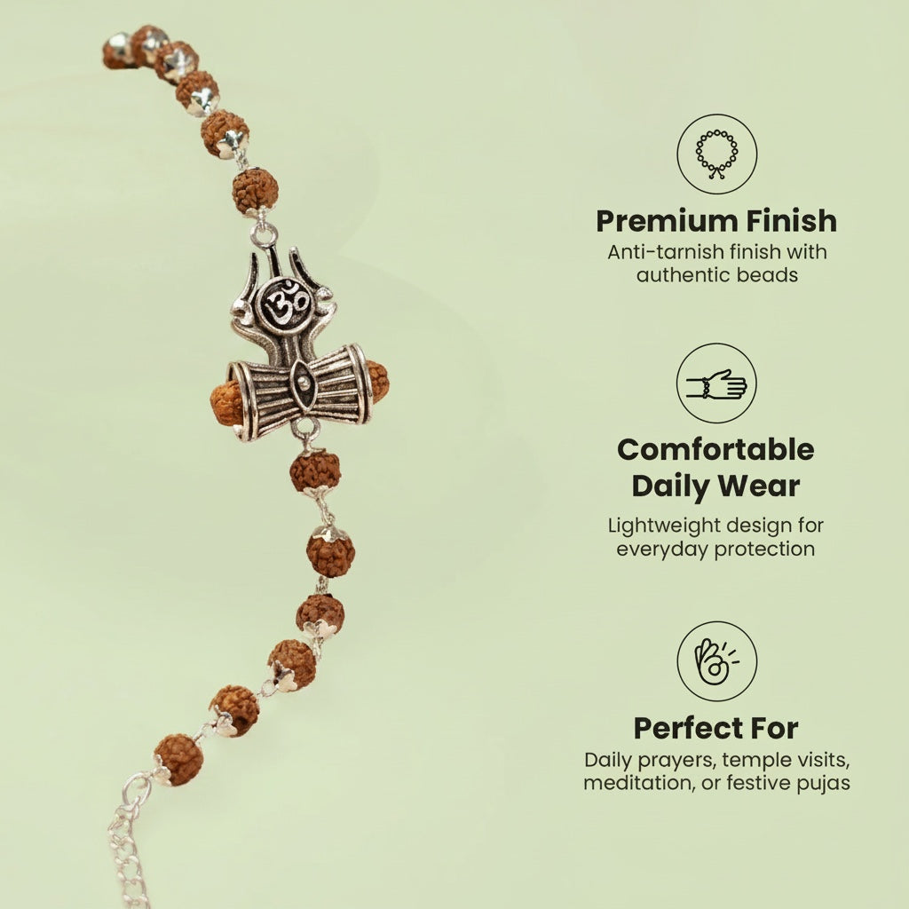 VASTUKOSHA Om Trinetra Trishul Damru Rudraksha bracelet with 5 Mukhi beads and silver-toned Shiva symbols for meditation.