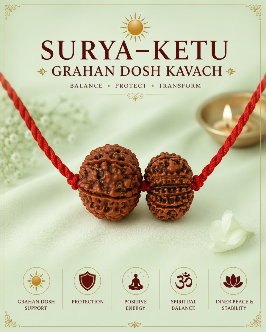 VASTUKOSHA Rudraksha Surya-Ketu Grahan Dosh Kavach with two natural brown beads on a red thread for spiritual practice.
