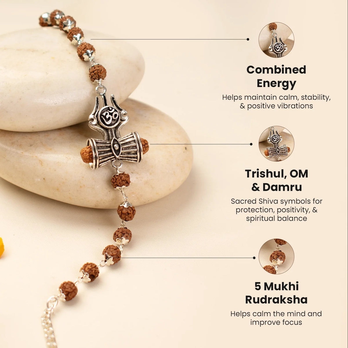VASTUKOSHA Rinmukteshwar Rudraksha bracelet featuring silver Om, Trishul, and Damru charms on a beige background.