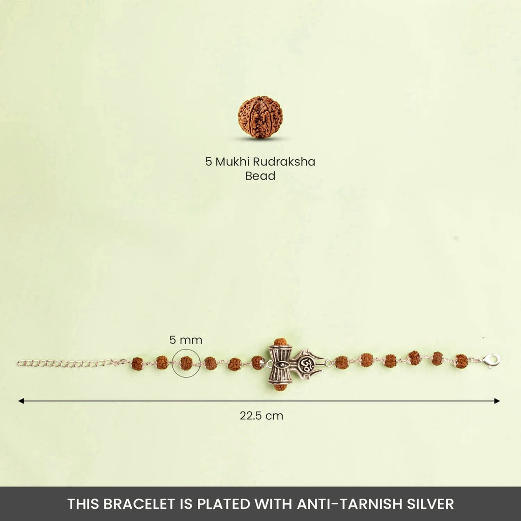 VASTUKOSHA Rudraksha bracelet featuring a silver Trishul, Damru, and Om charm with 5 Mukhi beads for spiritual protection