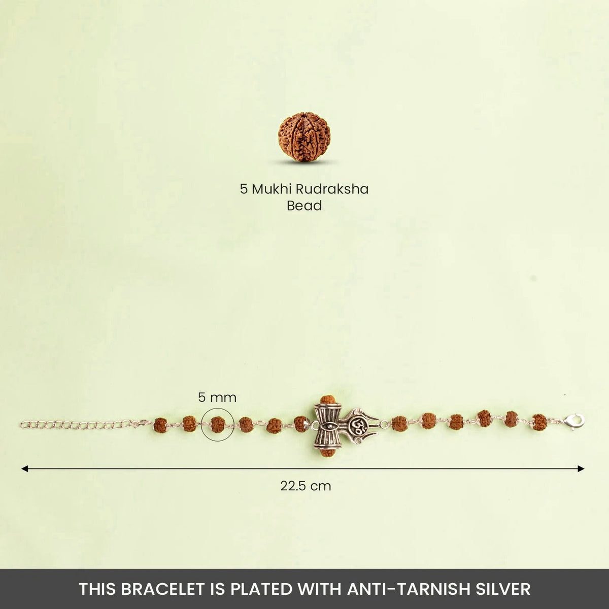 VASTUKOSHA Rudraksha bracelet featuring a silver Trishul, Damru, and Om charm with 5 Mukhi beads for spiritual protection